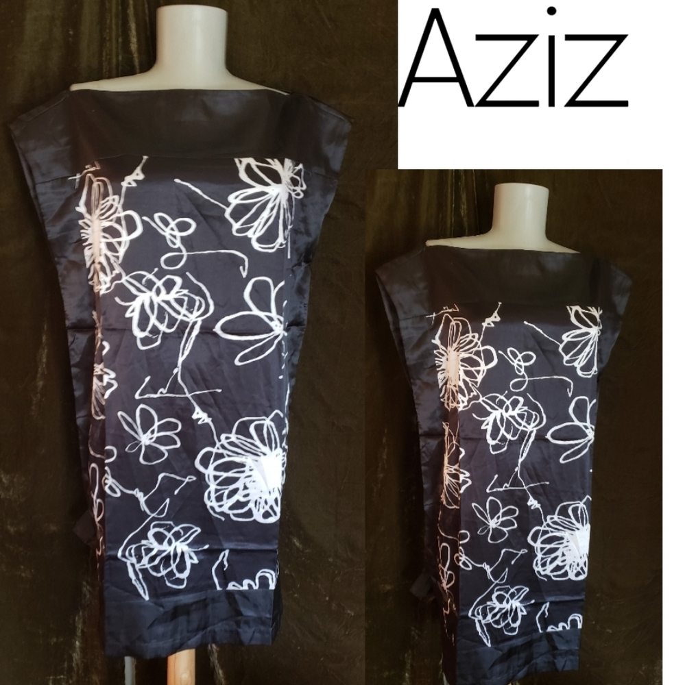 Aziz kimono sleeve satiny black floral dress.